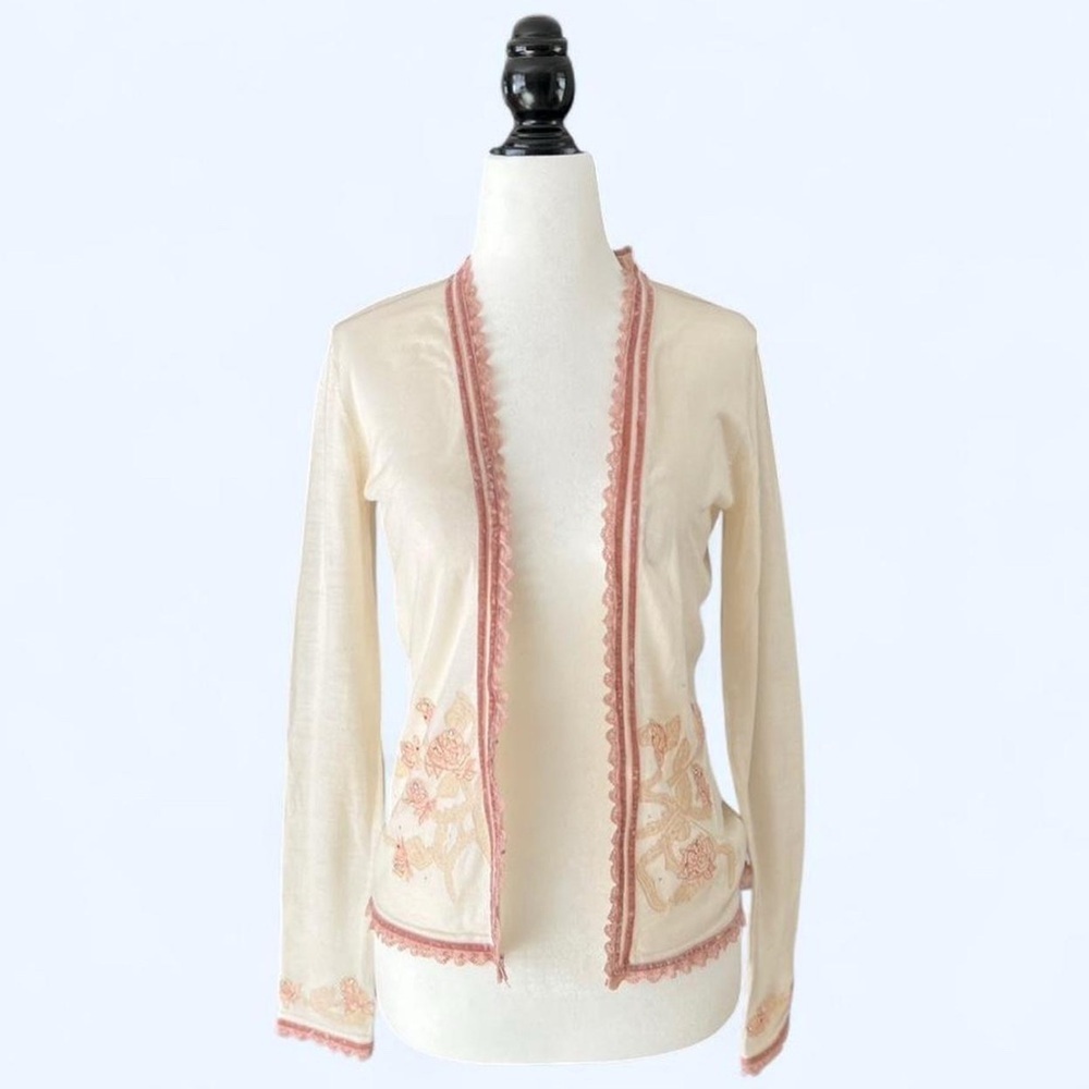 Moiselle Womens Pink White Embroidered Floral Wool Dainty Coquette Cardigan 2
